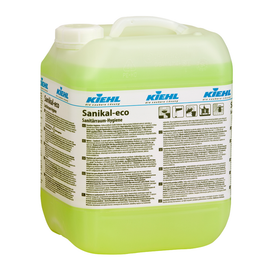 Ein durchsichtiger Kunststoffbehälter mit Griff und Schraubverschluss, gefüllt mit hellgrüner Flüssigkeit, beschriftet mit "Kiehl Sanikal-eco Sanitärraum-Hygiene" der Johannes Kiehl KG, mit Hinweisen zur effektiven Reinigung und einer ausführlichen Anleitung.