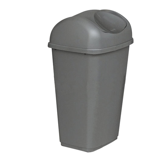Ein grauer Novocal Kunststoffabfallbehälter, 15 Liter mit Schwingdeckel, abgebildet auf weißem Hintergrund.