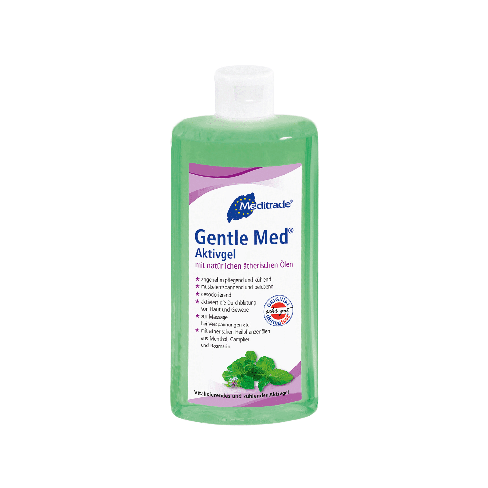 Een fles van 500 ml Meditrade Gentle Med® Aktivgel van Meditrade GmbH, die een verkoelende groene gel bevat die is verrijkt met natuurlijke etherische oliën zoals menthol en rozemarijn. Het Duitse etiket wordt aangevuld met een witte klapsluiting.