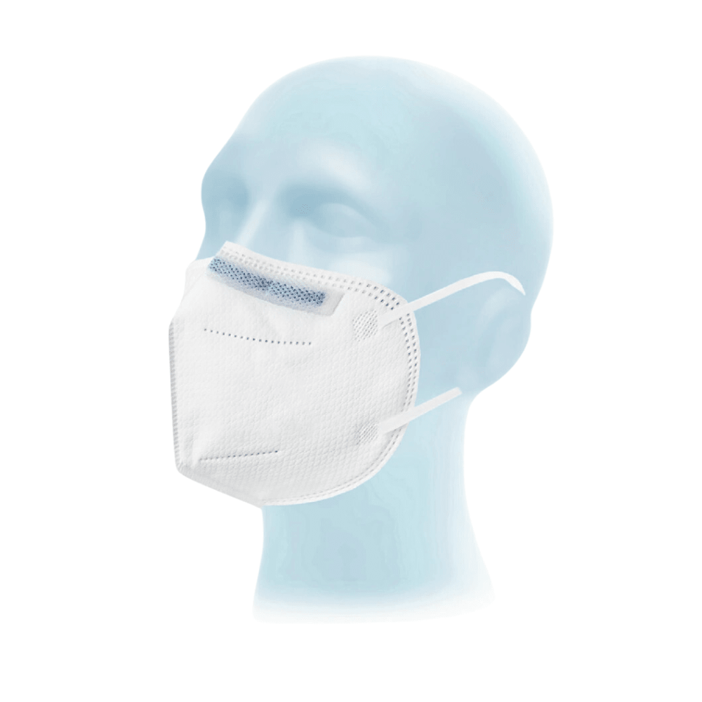 Op de afbeelding is een lichtblauw etalagepophoofd te zien met een wit Meditrade Respima FFP2 NR-ademhalingsmasker | verpakking (20 stuks) van Meditrade GmbH, voorzien van oorlussen en een blauwe neusstrip, tegen een witte achtergrond.