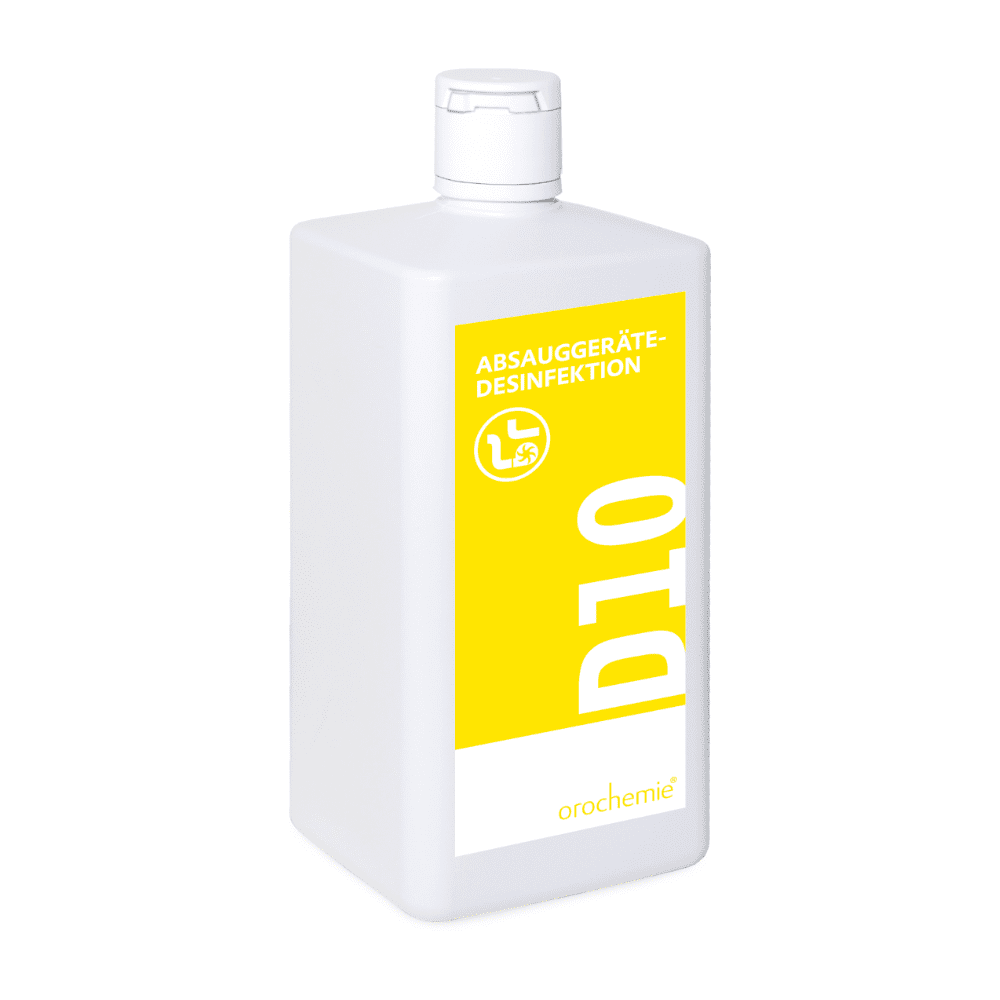 Orochemie D 10 Desinfectiemiddel voor afzuigapparatuur, ook geschikt voor inhalatieapparaten (fles van 1 l) van orochemie GmbH + Co KG: Aldehydevrij desinfectiemiddel in een witte kunststoffles met een geel „D10”-etiket voor afzuig- en inhalatieapparaten.