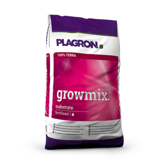 Der Plagron Growmix mit Perlite-Beutel von Bertels B.V. wird in einem einzigartigen lila-rosa Design mit auffälligem weißem Text präsentiert. Er besteht zu 100 % aus Terra, angereichert mit Wurmhumus für eine bessere Luftdurchlässigkeit, und das Markenlogo ist prominent oben zu sehen.