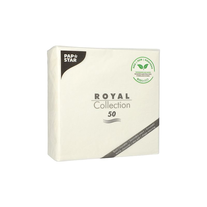 Een pak PAPSTAR „ROYAL Collection“ servetten 1/4-vouw, bevat 50 stuks en is ideaal voor uw tafeldecoratie. De verpakking heeft een milieuvriendelijk etiket met een bladdesign dat wijst op de 100% composteerbaarheid. Deze witte servetten, geproduceerd door PAPSTAR GmbH, tonen een eenvoudige en elegante branding.