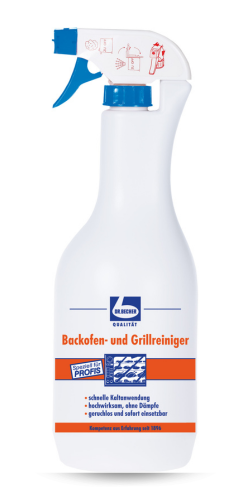 Eine weiße Sprühflasche mit der Aufschrift „Backofen- und Grillreiniger“ in deutscher Sprache und einer blau-roten Düse. Das Etikett enthält auch Sicherheitshinweise und betont, dass es sich um eine professionelle Anwendung handelt. Das Markenlogo enthält ein blaues Apothekersymbol.
