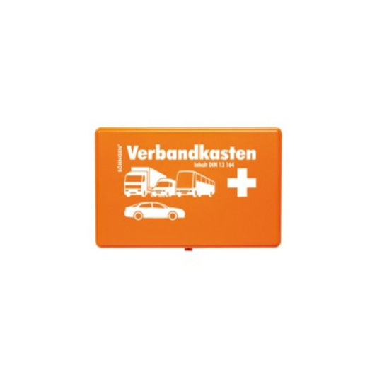 Der Söhngen KFZ-Verbandkasten Orange mit Füllung der W. Söhngen GmbH ist mit weißem "Verbandkasten"-Schriftzug, einem Kreuzsymbol und Fahrzeugsymbolen auf dem Deckel ausgestattet - perfekt für die Erste Hilfe nach DIN 13164. Packung (1 Stück).