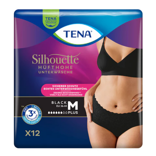 Das Verpackungsbild der TENA Silhouette Plus Black Inkontinenzpants zeigt hüfthohe Pants, die zum Schutz der Blase konzipiert sind. Die Packung mit stylischem schwarzen Torso und der Aufschrift EU 36-44 M enthält 12 Stück und verspricht dreifachen Schutz vor Blasenschwäche.