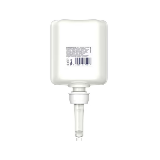 Abgebildet ist ein weißer rechteckiger Behälter mit Bodendüse, auf dem Text und ein Barcode zu sehen sind. Dieses Tork 420202 Sensitive Feuchtigkeitsspendende Handdesinfektion Premium von TORK – Essity Professional Hygiene Germany GmbH eignet sich ideal zum Verteilen von feuchtigkeitsspendendem Handdesinfektionsgel und bekämpft wirksam Krankheitserreger.