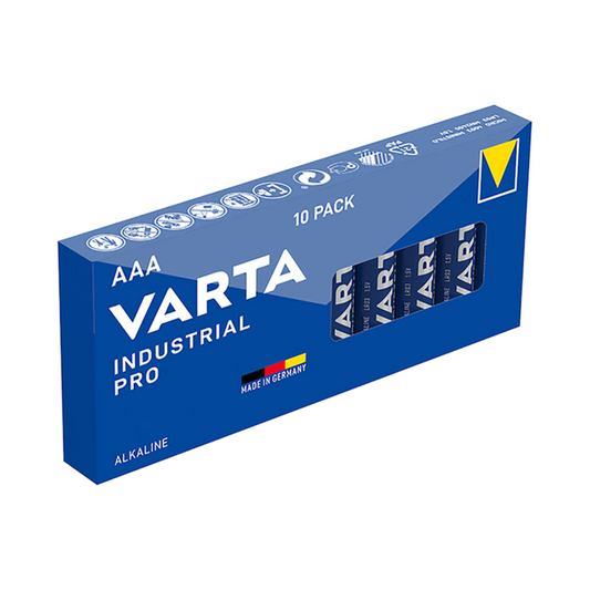 Eine blaue, rechteckige Schachtel mit der Aufschrift "Varta Industrial Pro Micro Batterie 4003 LR03 AAA, 10 Stück" von der Varta AG, hergestellt in Deutschland, hat ein Fenster, in dem vier der Batterien für den professionellen Einsatz zu sehen sind.