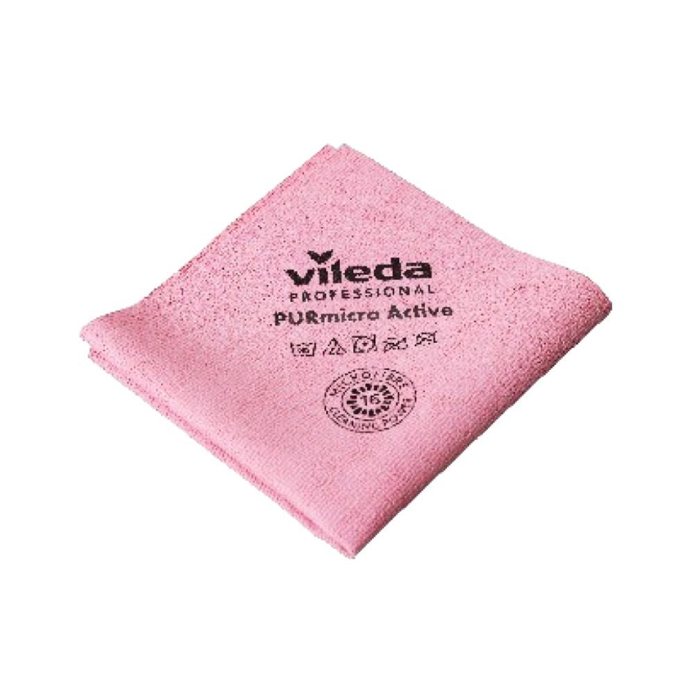 De Vileda GmbH Professional PURmicro Active microvezeldoek is een roze reinigingsdoek met recyclingsymbolen en onderhoudsinstructies. Licht gevouwen heeft deze doek een schone, zachte textuur, perfect voor streeploos schoonmaken.
