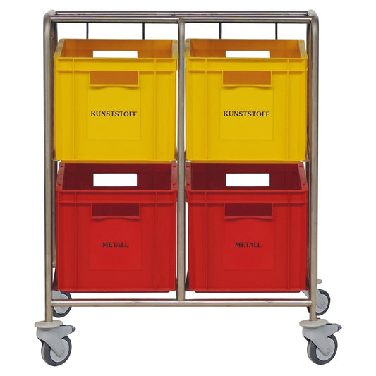 Der Novocal Wertstoffsammler mit farbigen Kunststoffkästen verfügt über einen Edelstahlrahmen mit vier Kunststoffbehältern - zwei gelbe mit der Aufschrift "KUNSTSTOFF" und zwei rote mit der Aufschrift "METALL" -, die alle auf Rädern für ein bequemes Recycling stehen.