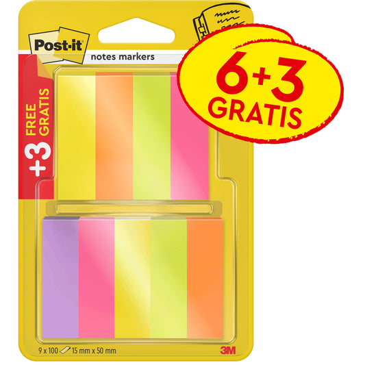 Eine Packung 3M Deutschland GmbH Post-it® Page Marker, 15x50mm, in verschiedenen Farben. Jede Packung enthält 6 Blöcke plus 3 kostenlose (je 100 Blatt), PEFC-zertifiziert - ideal zum Markieren von Text und Seiten. Promo-Etikett: "6+3 GRATIS / +3 GRATIS/GRATIS".