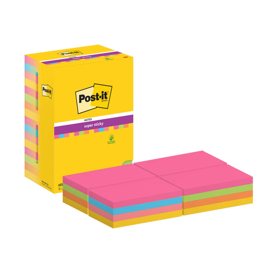 Abgebildet ist eine gelbe Schachtel Post-it® Super Sticky Notes der 3M Deutschland GmbH, die 16 Blöcke (76 x 127 mm, je 90 Blatt) in verschiedenen Farben enthält. Die Verpackung hebt die starke Klebefläche hervor und enthält PEFC- und Produktangaben.