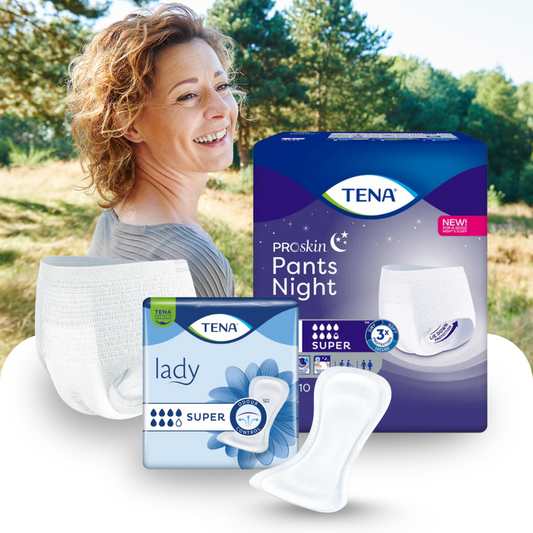 Tena Inkontinenzprodukte im Vordergrund und im Hintergrund eine Frau mittleren Alters