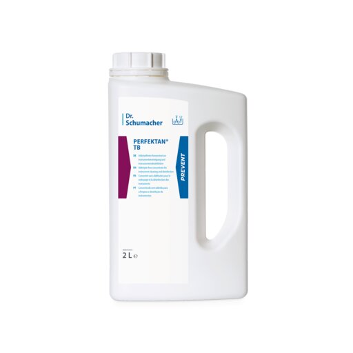 Een witte 2-liter kunststof container met handvat en schroefdop van Dr. Schumacher GmbH met het opschrift 'Dr. Schumacher PERFEKTAN TB instrumentendesinfectie' is aan de voorkant voorzien van blauwe en kastanjebruine grafieken en productinformatie.
