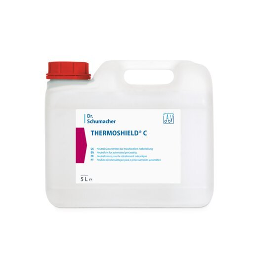 Witte 5-liter kunststof jerrycan met rode dop en het opschrift "Dr. Schumacher THERMOSHIELD C | Kanister (5 l)" van Dr. Schumacher GmbH, met blauw-wit, meertalig etiket voor professionele oppervlakte-desinfectie.