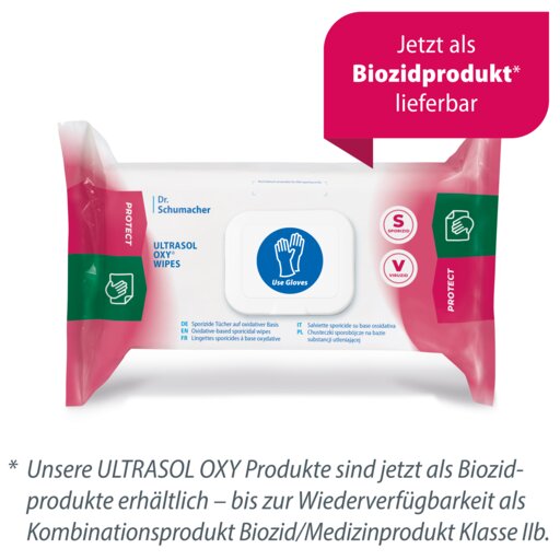 Een verpakking Dr. Schumacher Ultrasol Oxy Wipes desinfectiedoekjes (108 doekjes) is voorzien van het blauwe symbool "Gebruik Handschoenen" (handschoenen gebruiken) en wijst op hun beschikbaarheid als biocideproduct, waarbij de Duitse tekst het gebruik voor medisch inventaris benadrukt.