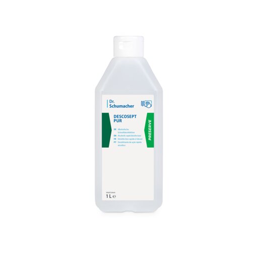 Een 1L plastic fles Dr. Schumacher DESCOSEPT PUR, snelle desinfectie van Dr. Schumacher GmbH, met wit etiket met groene en blauwe accenten en witte dop. Ideaal voor medisch inventaris; rechtop op witte achtergrond.