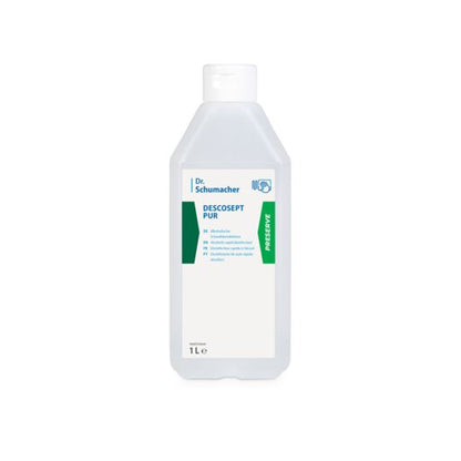 Een 1L plastic fles Dr. Schumacher DESCOSEPT PUR, snelle desinfectie van Dr. Schumacher GmbH, met wit etiket met groene en blauwe accenten en witte dop. Ideaal voor medisch inventaris; rechtop op witte achtergrond.