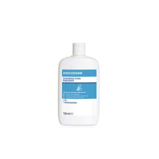 Een witte 150-ml-fles Dr. Schumacher Descoderm Industrial Handdesinfectie van Dr. Schumacher GmbH met een blauw-wit etiket staat rechtop op een eenvoudige witte achtergrond.