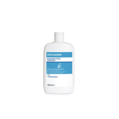 Een witte 150-ml-fles Dr. Schumacher Descoderm Industrial Handdesinfectie van Dr. Schumacher GmbH met een blauw-wit etiket staat rechtop op een eenvoudige witte achtergrond.