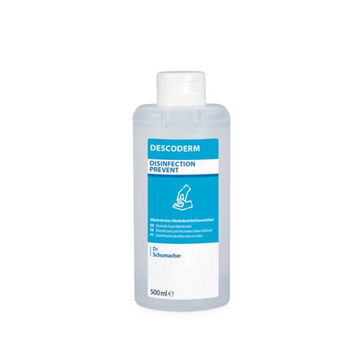 Heldere 500-ml-fles Dr. Schumacher Descoderm Industrial Handdesinfectie van Dr. Schumacher GmbH, met blauw-wit etiket dat een hand en Duitse tekst toont; op alcoholbasis, parfumvrij, met witte dop.