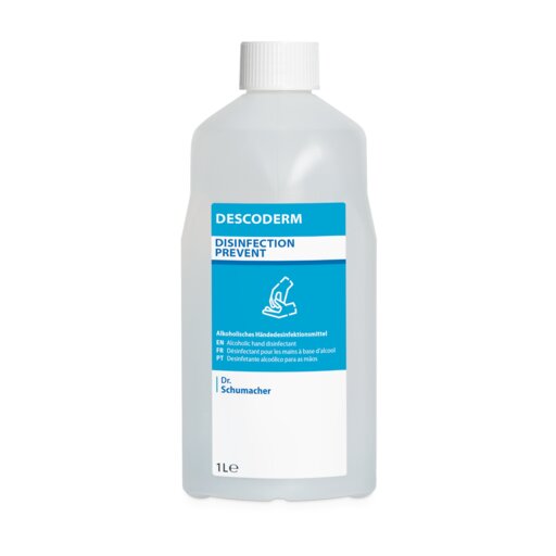 Een 1-liter plastic fles met het opschrift "Dr. Schumacher Descoderm Industrial Handdesinfectie" van Dr. Schumacher GmbH, met blauw-wit etiket, parfumvrij, alcoholisch desinfectiemiddel voor handdesinfectie.