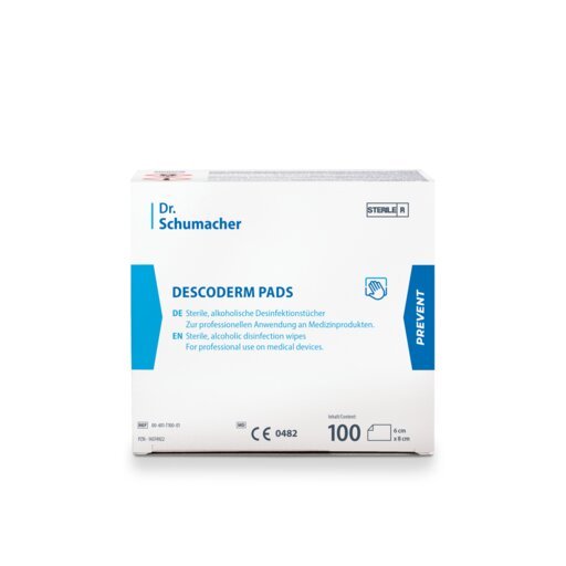 Een witte doos met het opschrift "Dr. Schumacher DESCODERM PADS | Verpakking (100 zakjes)" van Dr. Schumacher GmbH bevat 100 steriele, alcoholische pads voor professionele desinfectie van huid, oppervlakken en medische producten.