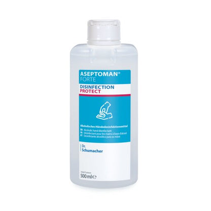 Een 500 ml doorzichtige fles Dr. Schumacher GmbH Aseptoman® forte handdesinfectiemiddel, blauw-wit etiket, met witte flip-top sluiting.