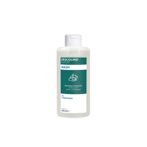 De witte 500-ml fles DESCOLIND EXPERT WASH van Dr. Schumacher GmbH heeft een groen-wit etiket met een handwas-symbool en gedetailleerde productinformatie aan de voorkant; een effectieve reinigingsoplossing.