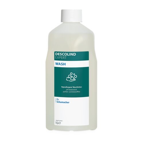 Een 1-liter plastic fles van Dr. Schumacher GmbH DESCOLIND EXPERT WASH, een hypoallergene huidreinigingsoplossing, met witte dop en groen-wit etiket.