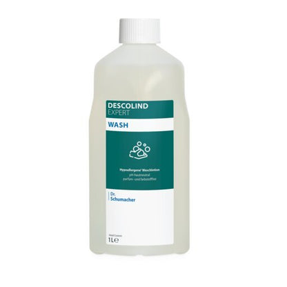 Een 1-liter plastic fles van Dr. Schumacher GmbH DESCOLIND EXPERT WASH, een hypoallergene huidreinigingsoplossing, met witte dop en groen-wit etiket.