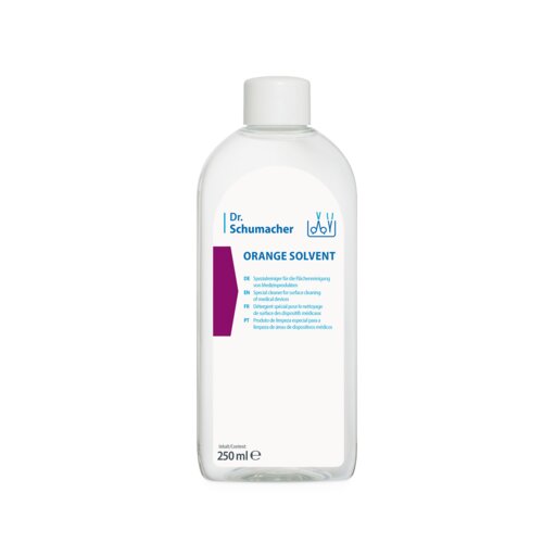 Een 250 ml transparante fles met witte sluiting en blauwe opdruk "Dr. Schumacher ORANGE SOLVENT instrumentenreiniger" van Dr. Schumacher GmbH is ideaal voor het reinigen van medische producten (sinaasappelolie reiniger).