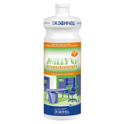 Een fles van de Dr. Schnell MILLY ALLZWECKREINIGER van DR.SCHNELL GmbH & Co. KGaA, een geconcentreerde allesreiniger voor professionals, afgebeeld bij kantoormeubilair en reinigingsapparatuur - ideaal voor krachtige vetverwijdering in het dagelijks leven.
