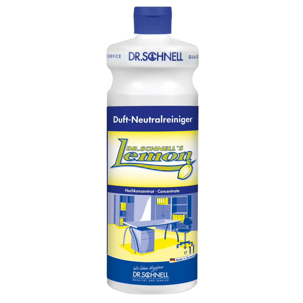 Een kunststof fles van Dr. Schnell DR.SCHNELL'S LEMON van DR.SCHNELL GmbH & Co. KGaA, met blauwe dop en geel-blauw etiket dat een moderne keuken toont, ideaal voor de huishoudelijke reiniging.