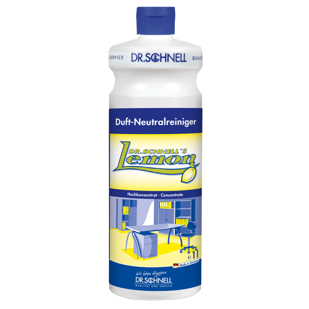 Eine Kunststoffflasche von Dr. Schnell DR.SCHNELL'S LEMON der DR.SCHNELL GmbH & Co. KGaA, mit blauem Verschluss und gelb-blauem Etikett, das eine moderne Küche zeigt, ideal für die Haushaltsreinigung.