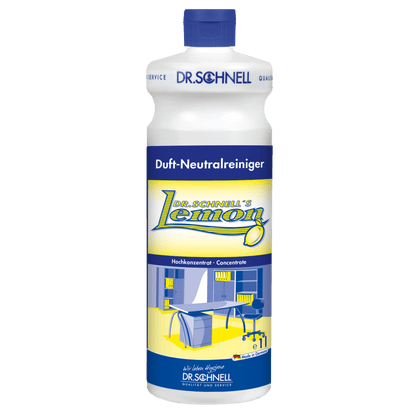 Een kunststof fles van Dr. Schnell DR.SCHNELL'S LEMON van DR.SCHNELL GmbH & Co. KGaA, met blauwe dop en geel-blauw etiket dat een moderne keuken toont, ideaal voor de huishoudelijke reiniging.