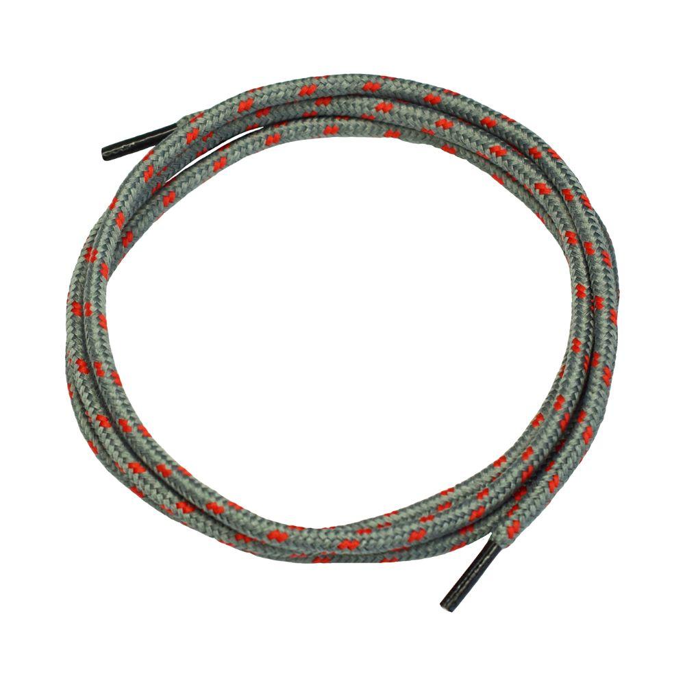 AS Arbeitsschutz GmbH NITRAS Schnürsenkel grau/rot (120 cm, 1 Paar) mit roten Mustern und schwarzen Enden – stilvoll auf weißem Hintergrund präsentiert.