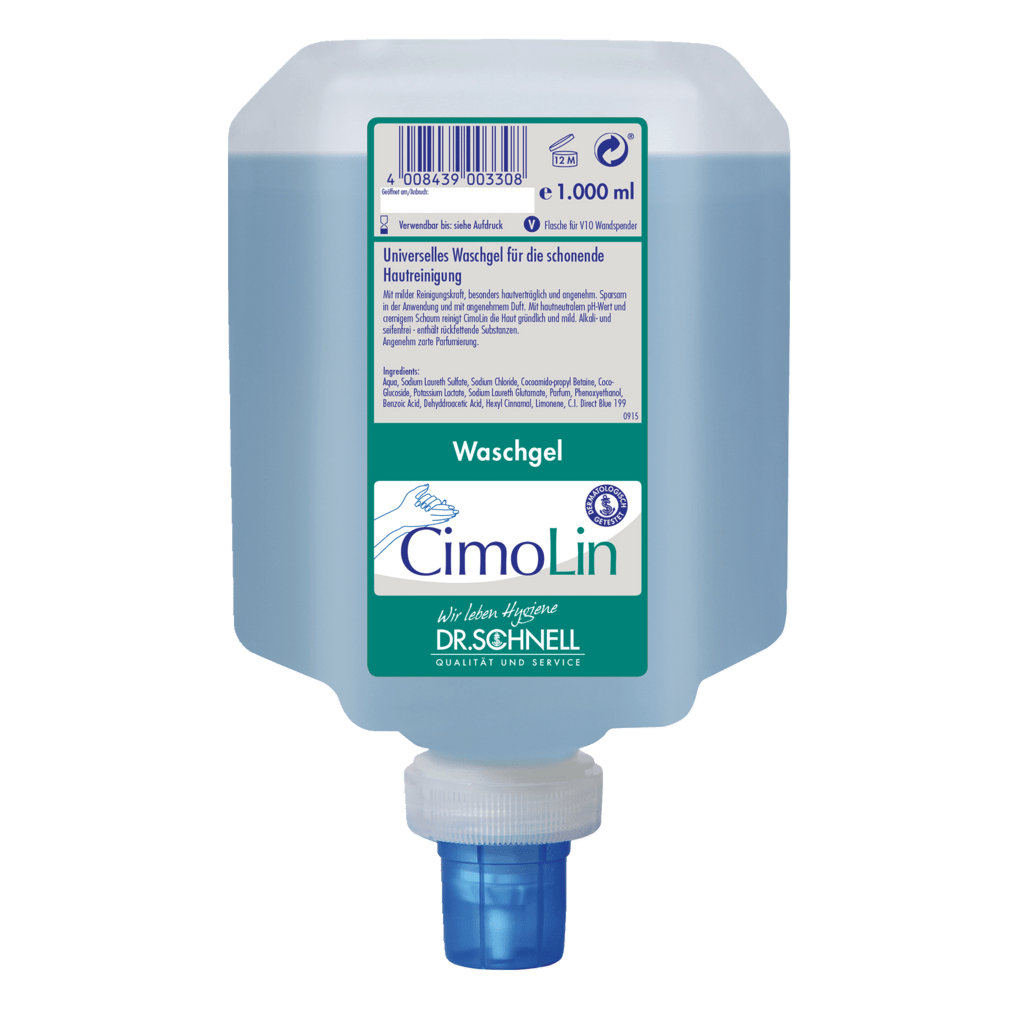 Eine 1.000 ml Dr. Schnell CIMOLIN Spenderflaschen Hautreinigung der DR.SCHNELL GmbH & Co. KGaA, blaues Waschgel mit weiß-blauem Etikett und Spenderkappe, für die sanfte Hautpflege und Reinigung.