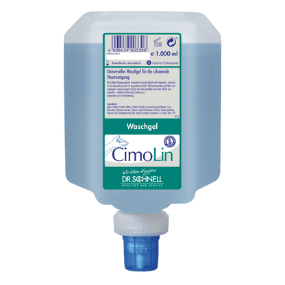 Eine 1.000 ml Dr. Schnell CIMOLIN Spenderflaschen Hautreinigung der DR.SCHNELL GmbH & Co. KGaA, blaues Waschgel mit weiß-blauem Etikett und Spenderkappe, für die sanfte Hautpflege und Reinigung.