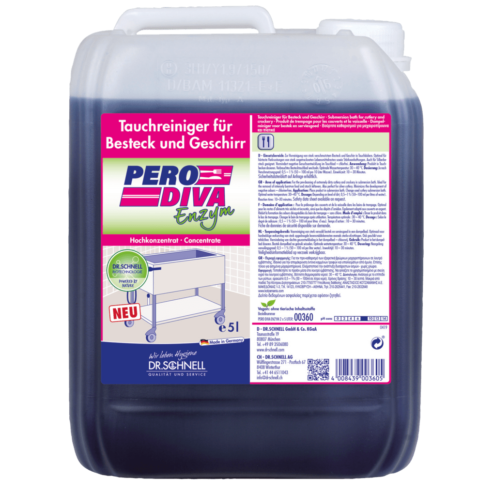 Een 5-liter jerrycan Dr. Schnell PERO DIVA ENZYM dompelreiniger van DR.SCHNELL GmbH & Co. KGaA, ontworpen voor keuken- en voedselhygiëne - ideaal voor vlekkeloos bestek en servies, met Duitse informatie en een tabel op het etiket.