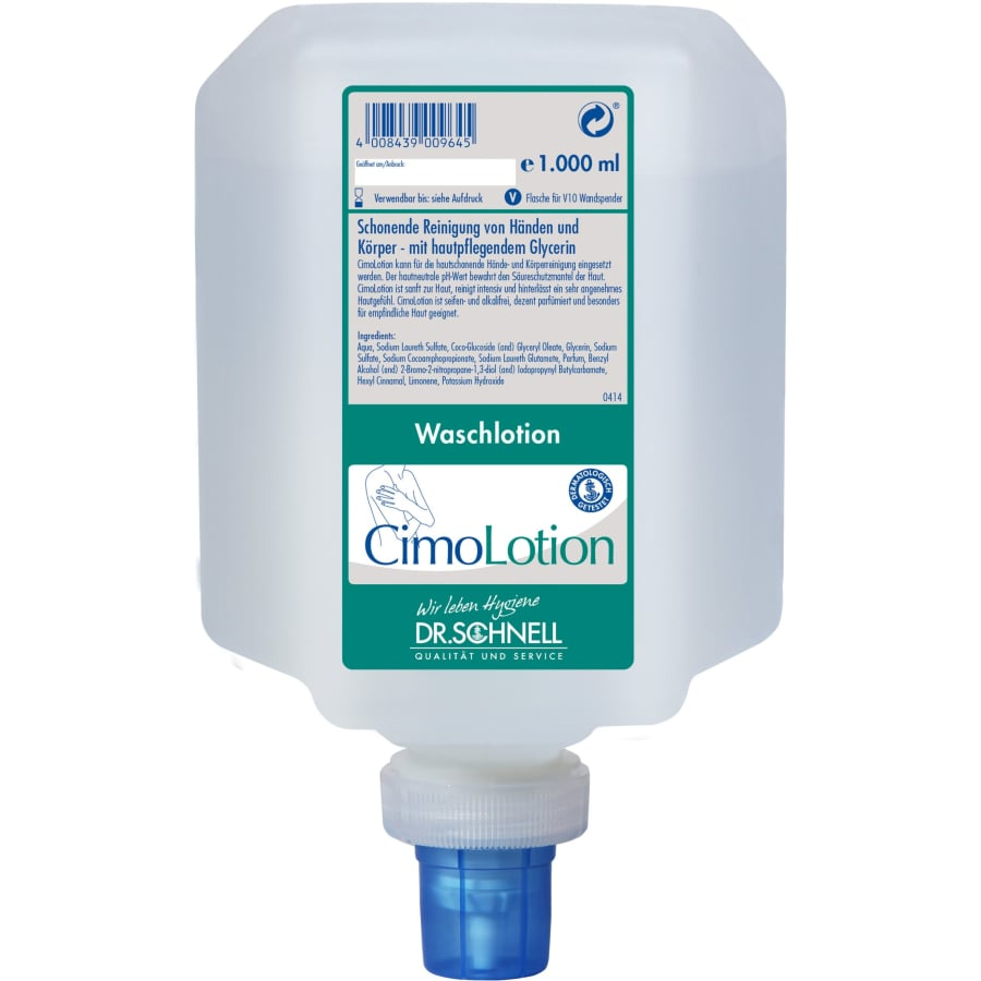 Die 1000 ml Dr. Schnell CIMOLOTION Spenderflaschen der DR.SCHNELL GmbH & Co. KGaA zeichnet sich durch ein blaues Etikett, einen Spenderverschluss zur hygienischen Dosierung und eine mit Glycerin angereicherte Rezeptur zur schonenden Reinigung von Händen und Körper aus - ideal für die Hautpflege.