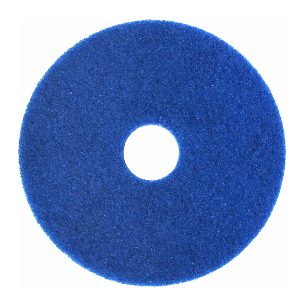 Een blauw, rond Arcora Superpad Blau reinigingspad van Arcora International GmbH met een ruwe oppervlakte en middengat, ontworpen voor gebruik op gevoelige vloeren, afgebeeld tegen een witte achtergrond.