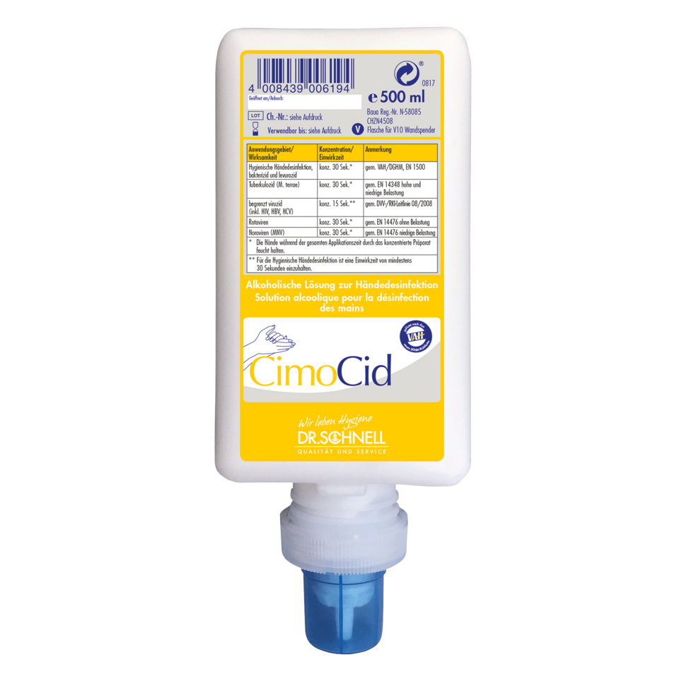 Een 500 ml fles Dr. Schnell CIMOCID Alcoholische Handdesinfectie van DR.SCHNELL GmbH & Co. KGaA, met een blauwe pomp en een wit etiket met productinformatie en toepassingsinstructies in meerdere talen.