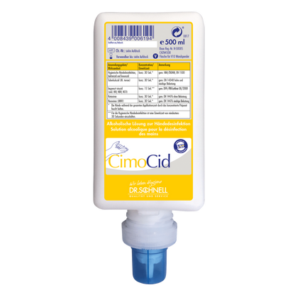 Een 500 ml fles Dr. Schnell CIMOCID Alcoholische Handdesinfectie van DR.SCHNELL GmbH & Co. KGaA, met een blauwe pomp en een wit etiket met productinformatie en toepassingsinstructies in meerdere talen.