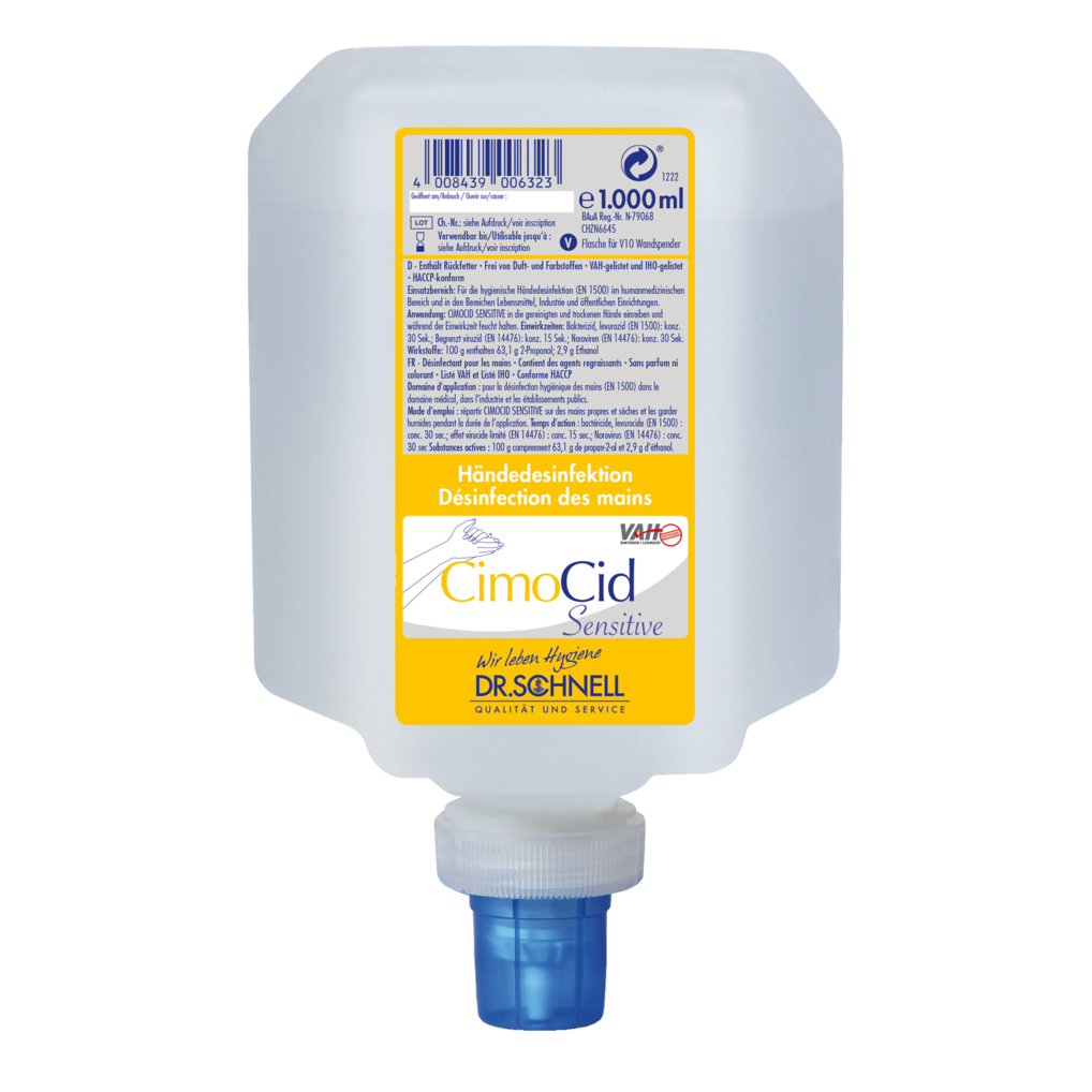Eine 1000 ml Dr. Schnell CIMOCID SENSITIVE Händedesinfektion Flasche der DR.SCHNELL GmbH & Co. KGaA zeigt sich im quadratischen Design mit Schraubverschluss am Boden und gelb-weißem Etikett, das die sanfte und wirksame Hygieneformel hervorhebt.