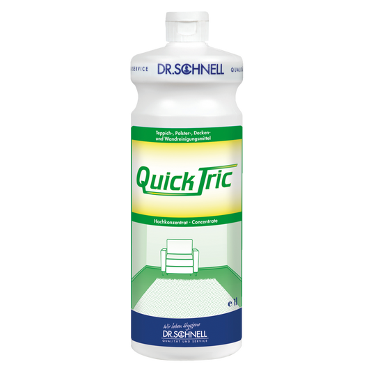 Eine weiße 1-Liter-Flasche Dr. Schnell QUICK TRIC der DR.SCHNELL GmbH & Co. KGaA, mit einem grün-gelben Etikett, das einen Stuhl in einem Raum mit grünem Teppichboden zeigt, blauer Schrift und weißem Verschluss - perfekt für die professionelle Reinigung.