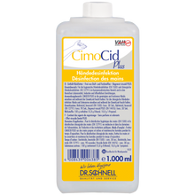 Eine 1.000 ml Flasche Dr. Schnell CIMOCID PLUS Händedesinfektion der DR.SCHNELL GmbH & Co. KGaA mit weißer Kappe und gelb-blauem Etikett mit Produktangaben in Deutsch und Französisch.