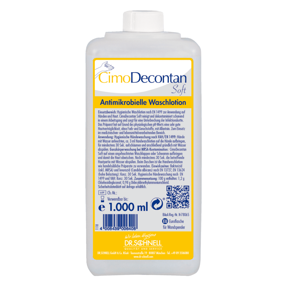 Een 1.000 ml fles Dr. Schnell CIMODECONTAN SOFT Antimicrobiële Waslotion van DR.SCHNELL GmbH & Co. KGaA, met geel-blauw etiket en Duitse handleiding voor hygiënische reiniging van huid en handen.