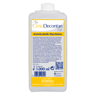 Een 1.000 ml fles Dr. Schnell CIMODECONTAN SOFT Antimicrobiële Waslotion van DR.SCHNELL GmbH & Co. KGaA, met geel-blauw etiket en Duitse handleiding voor hygiënische reiniging van huid en handen.