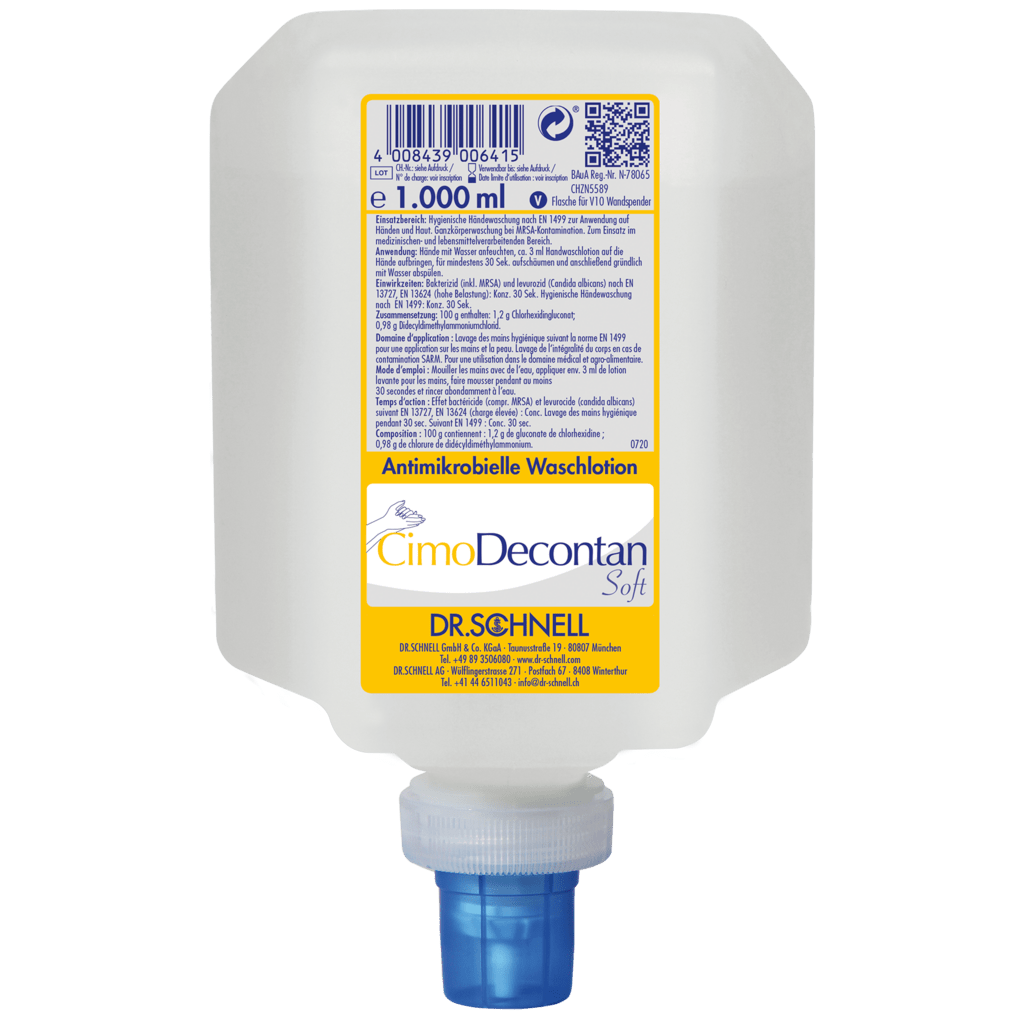 Een 1000 ml kunststofdispenser van de Dr. Schnell CIMODECONTAN SOFT Antimicrobiële Waslotion van DR.SCHNELL GmbH & Co. KGaA, met geel-wit etiket en blauwe dop, voor hygiënische huid- en handreiniging.